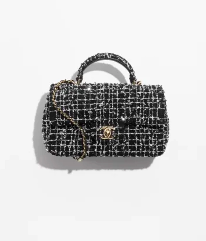 Mini classic handbag with top handle, Sequin embroidered tweed & gold-tone metal, black, white & silver — Fashion | CHANEL
