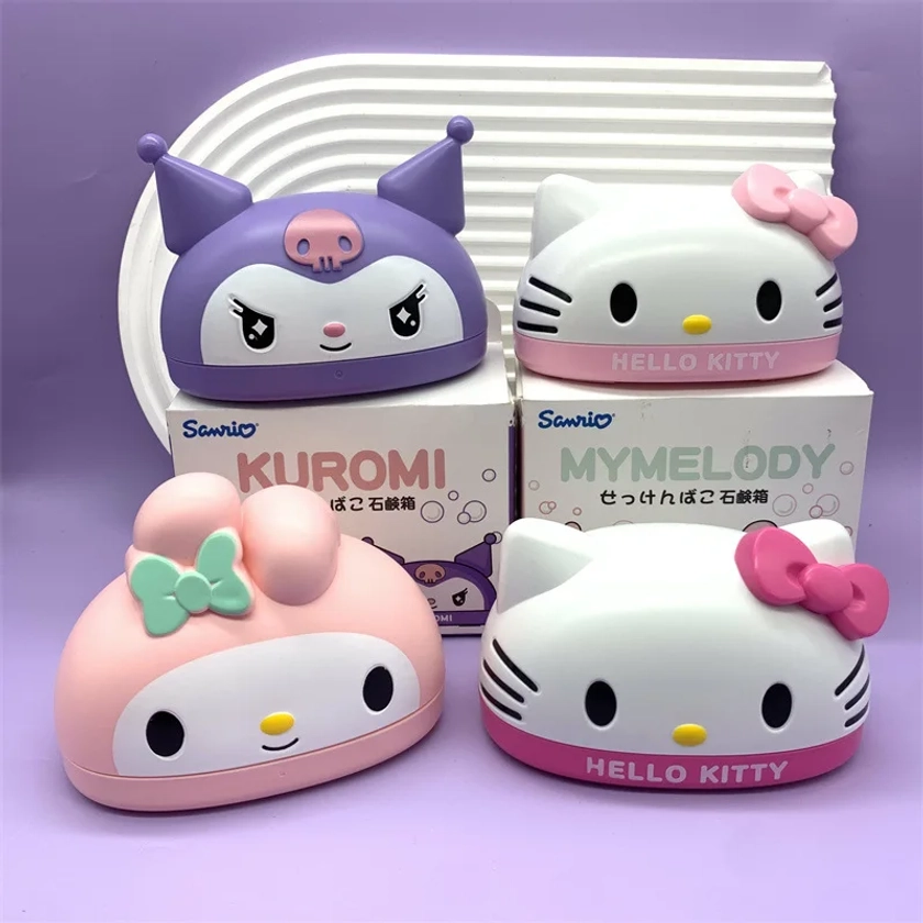 Kawaii Kuromi Hello Kitty Melody Soap Box Cute Sanrio Figure Bathroom Soap Holder Drainer With Cover Girl Heart Toy Kids Gifts