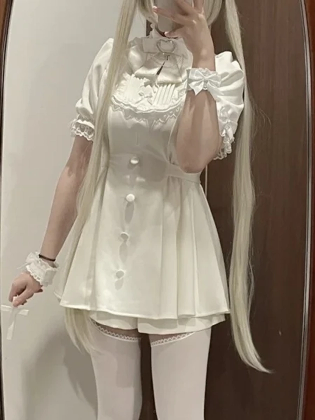 [£64.19]White Lace Trim and Bowknot Jirai Kei Dress + White Shorts