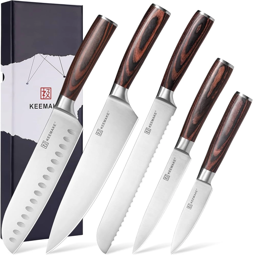 KEEMAKE Couteaux de Cuisine Ensemble Professionnel - Set Couteau Cuisine en Acier Inoxydable 5 Pièces, Couteau Office Santoku Japonais Couteau de Cuisine Chef à Pain