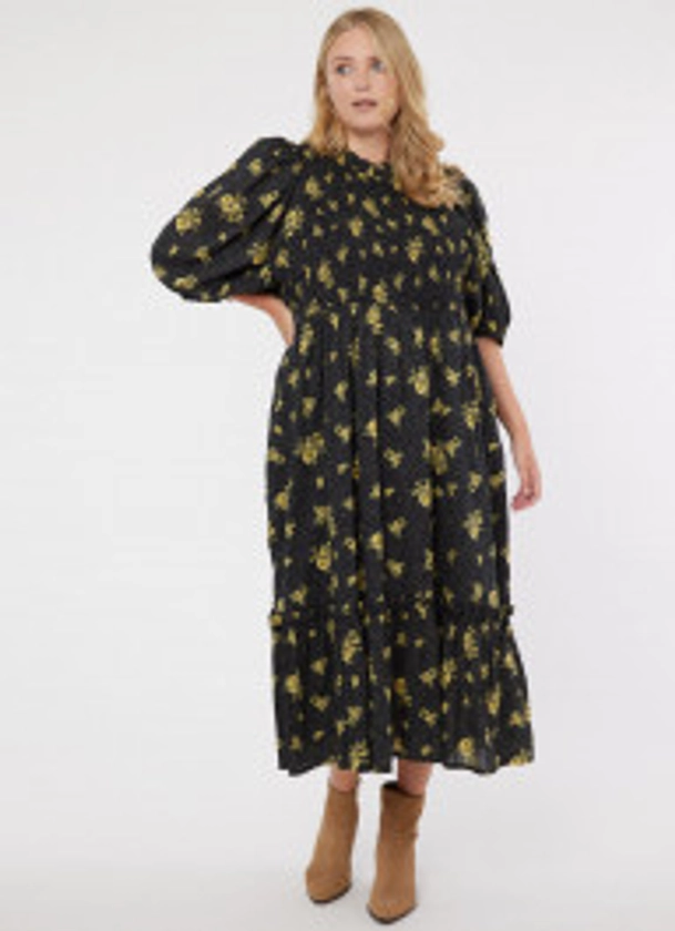 Priya Black Floral Print Puff Sleeve Midi Dress