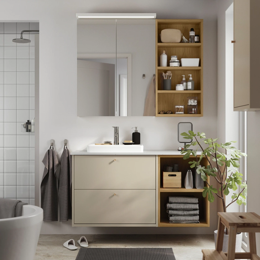 HAVBÄCK / ORRSJÖN Sink cab/sinks/faucet - beige/oak effect/white marble effect 125x55x72 cm (49x21 1/2x28 3/8 ")
