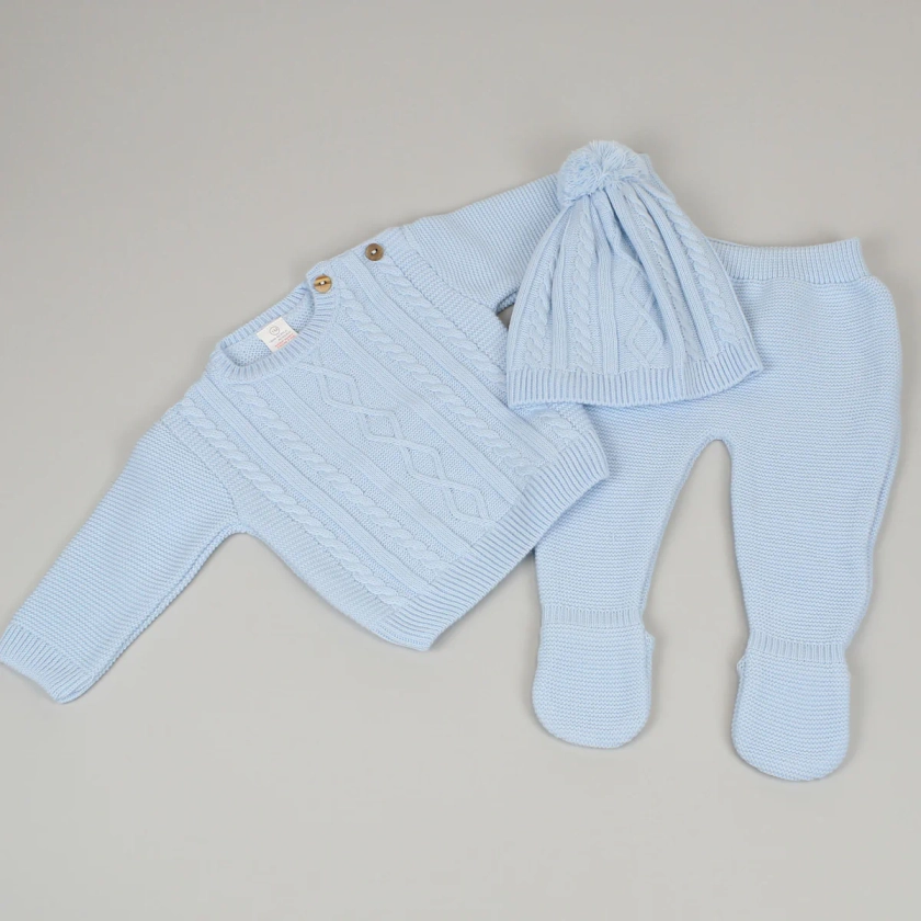 Baby Boys 3 Piece Knitted Outfit - Trousers, Jumper & Pom Hat - Blue