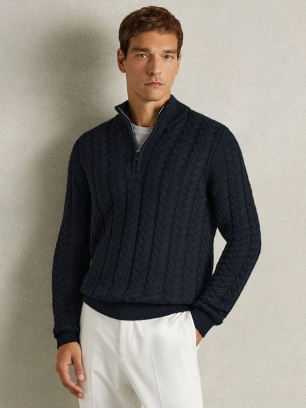 Cabled Zip-Neck Jumper with Cotton and Wool in Navy