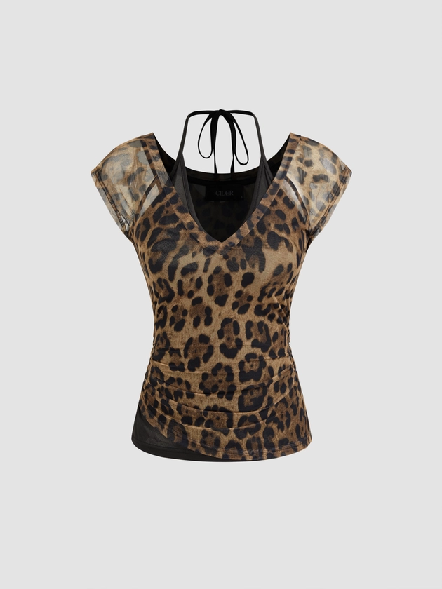 V-neck Leopard Halter Short Sleeve Tee
