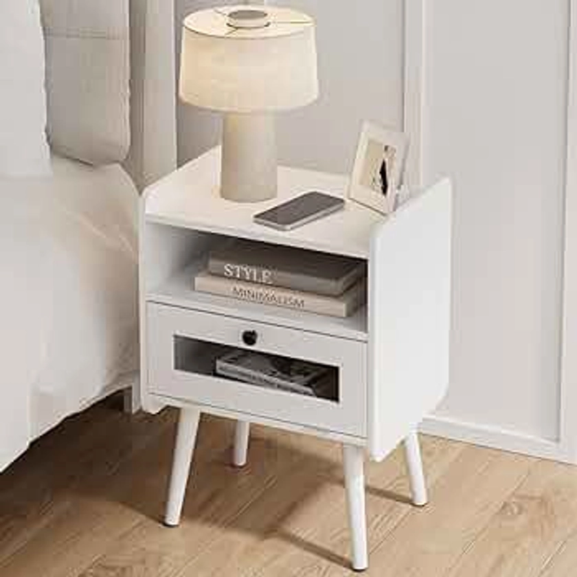 Night Stand, Modern Side Table Nightstand Bedside Table with Storage Drawer and Open Wood Shelf,Small End Side Table with Front Clear Drawer for Bedroom,Living Room,White Without Outlet
