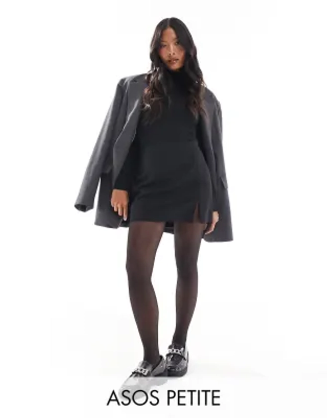 ASOS DESIGN Petite - Mini-jupe ajustée fendue sur le devant - Noir