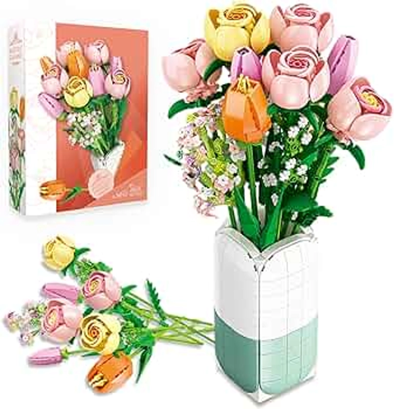 Flower Bouquet Building Set Tulips & Camellia with Vase for Adults -1011pcs