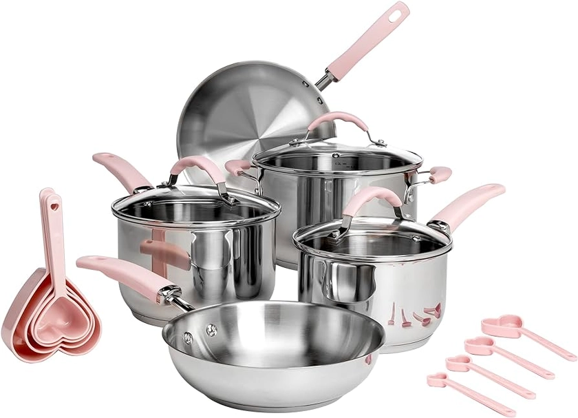 Amazon.com: Paris Hilton Stainless Steel Pots and Pans Set with Stay-Cool Pink Handles, Tempered Glass Lids, Bonus Heart Shaped Measuring Cups and Spoons, Dishwasher Safe Cookware, 10-Piece Set: Home & Kitchen