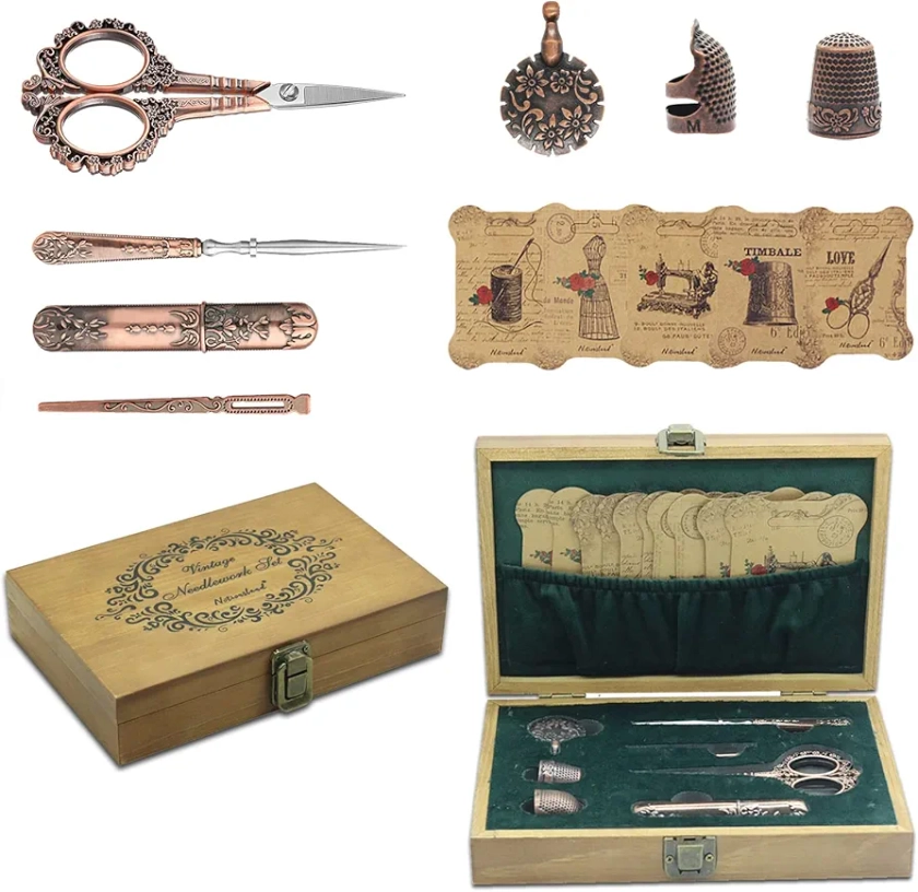 NOTIONSLAND Sewing Kit, Wooden Storage Boxes Embroidery Scissors Kit, with Embroidery Scissors, Needle Case, Awl, Sewing Thimble, Threader for Sewing, Copper