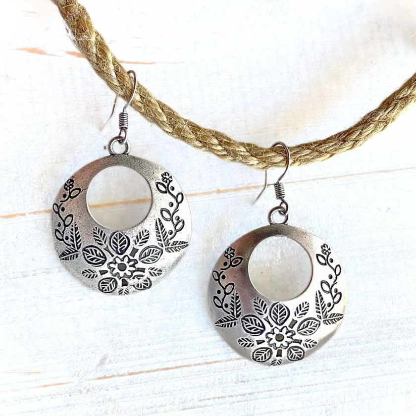 Boho Flower Silver Etched Earrings