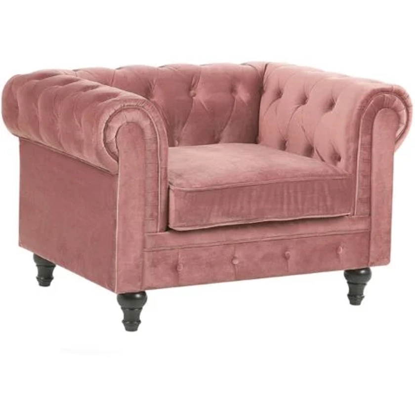 Fauteuil en Velours Rose Dossier à Points Diamant Style Classique Chesterfield