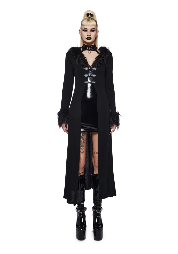 Widow Waffle Knit Long Cardigan With Faux Fur Trim And Buckles - Black