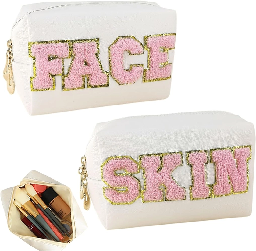 2 Pcs Skin & FACE Patch Cosmetic Bags, Preppy Patch PU Makeup Bags for Women, Portable Chenille Letter Toiletry Bags for Purse,Travel,Organizer Skin Care,Girls Gift(Pink/White)