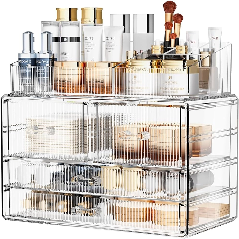 ZHIAI Stackable Storage Drawers, Acrylic Bathroom Counter Organizer Clear Makeup Organizers for Vanity, Kitchen Cabinets, Bathroom, Undersink, Home Organization and Storage (1 Top 4 Drawers D)