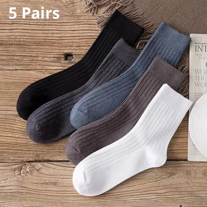 Conjunto de calcetines cálidos para hombre, medias informales de negocios, Color sólido, blanco y negro, otoño e invierno, 5 pares