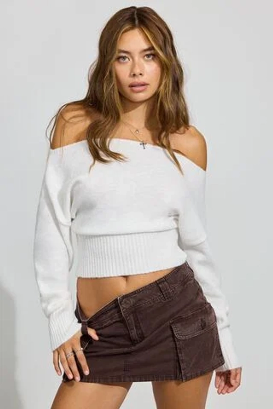 Spongy Off Shoulder Sweater White | Garage