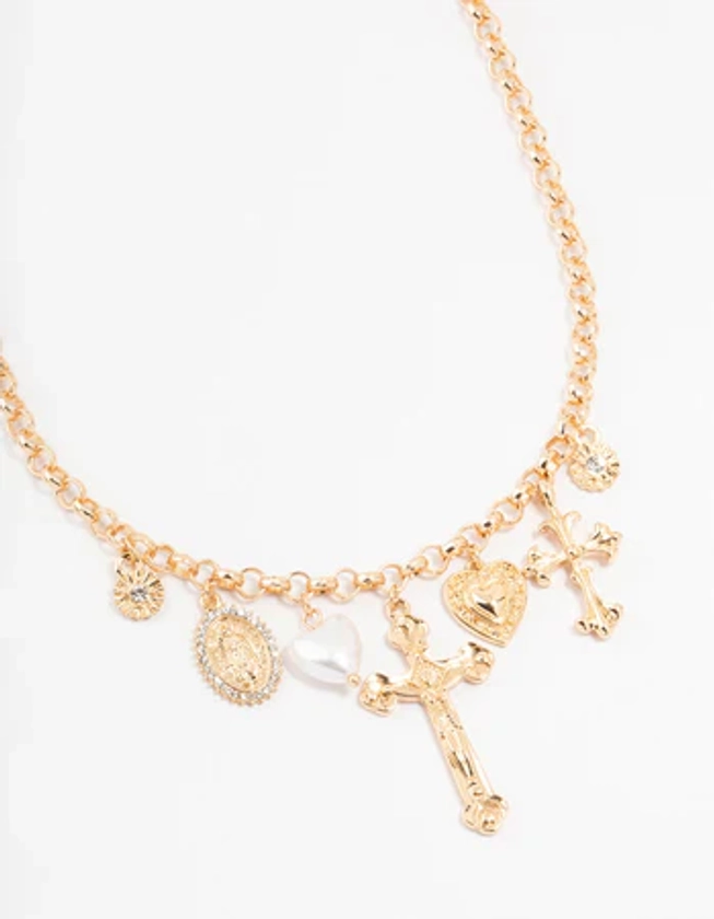 Gold Mixed Charm Cross Necklace