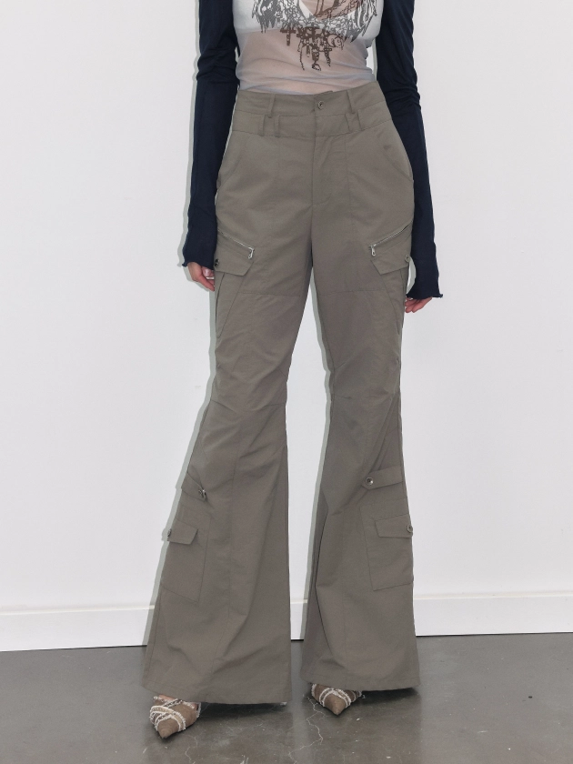 Grayish Green Cargo Flared Pants