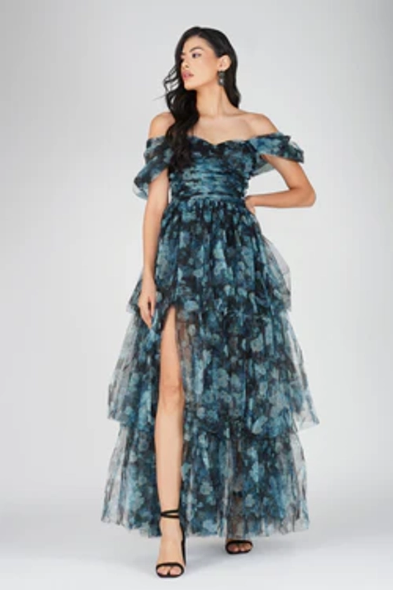 Sydney Tulle Maxi Dress in Blue Floral