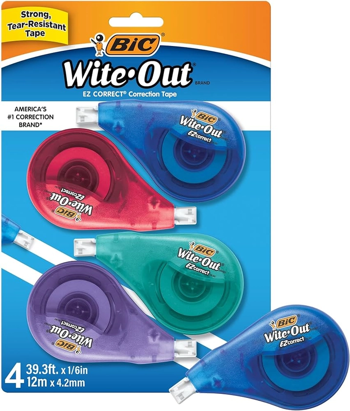 Amazon.com : BIC White-Out Brand EZ Correct Correction Tape, 39.3 Feet, 4-Count Pack of white Correction Tape, Fast, Clean and Easy to Use Tear-Resistant Tape : White Out : Office Products
