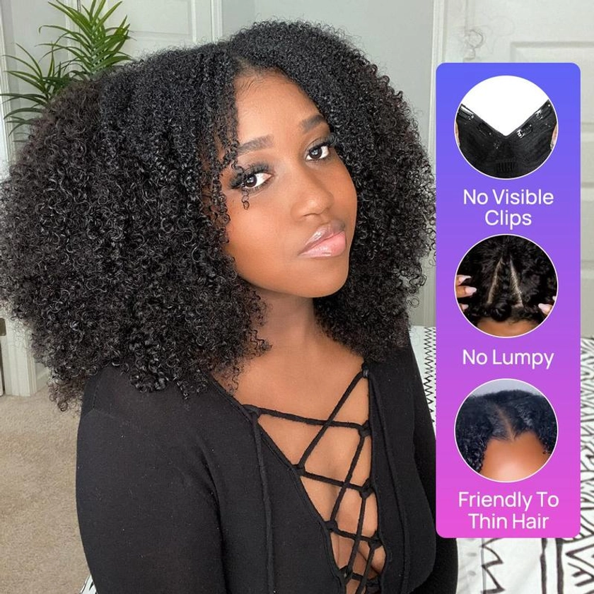 Vshow Afro Kinky Curly Hair V Part Wig No Leave Out Thin Part Human Hair Wigs For Beginner Protective Style Half Wig Curly Human Hair Glueless Wig