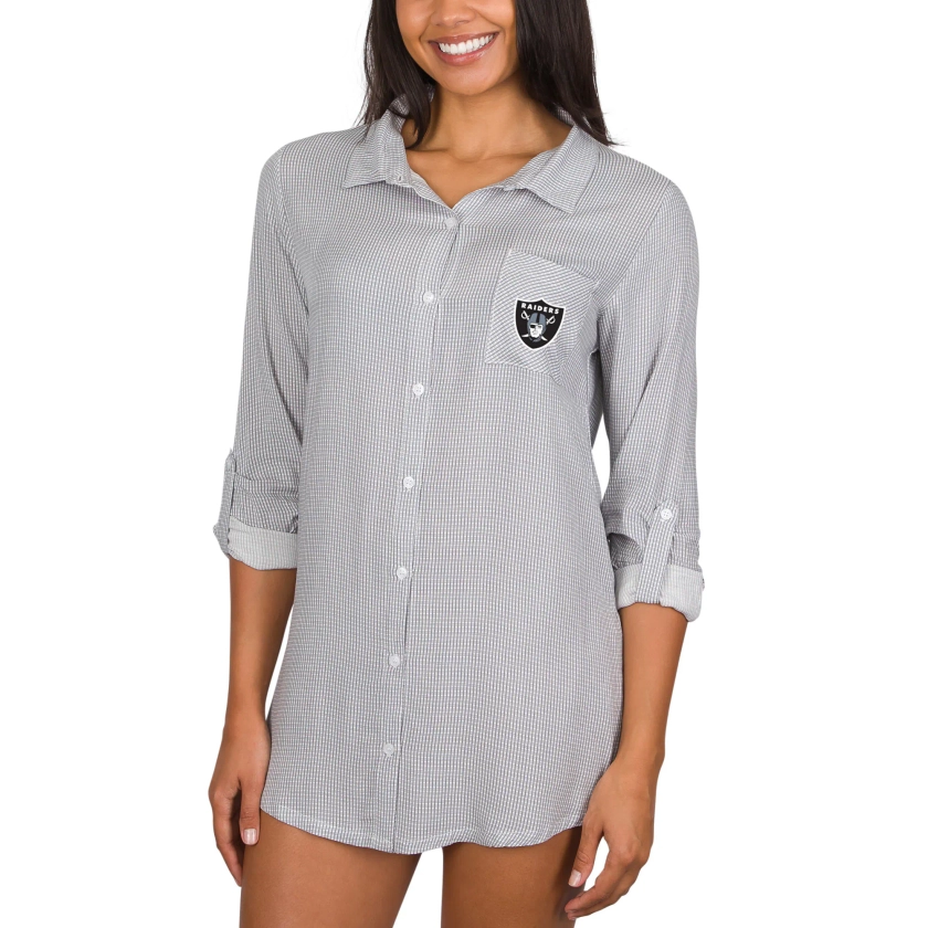 Las Vegas Raiders Concepts Sport Women's Melody Woven Button-Up Long Sleeve Nightshirt - Gray/White