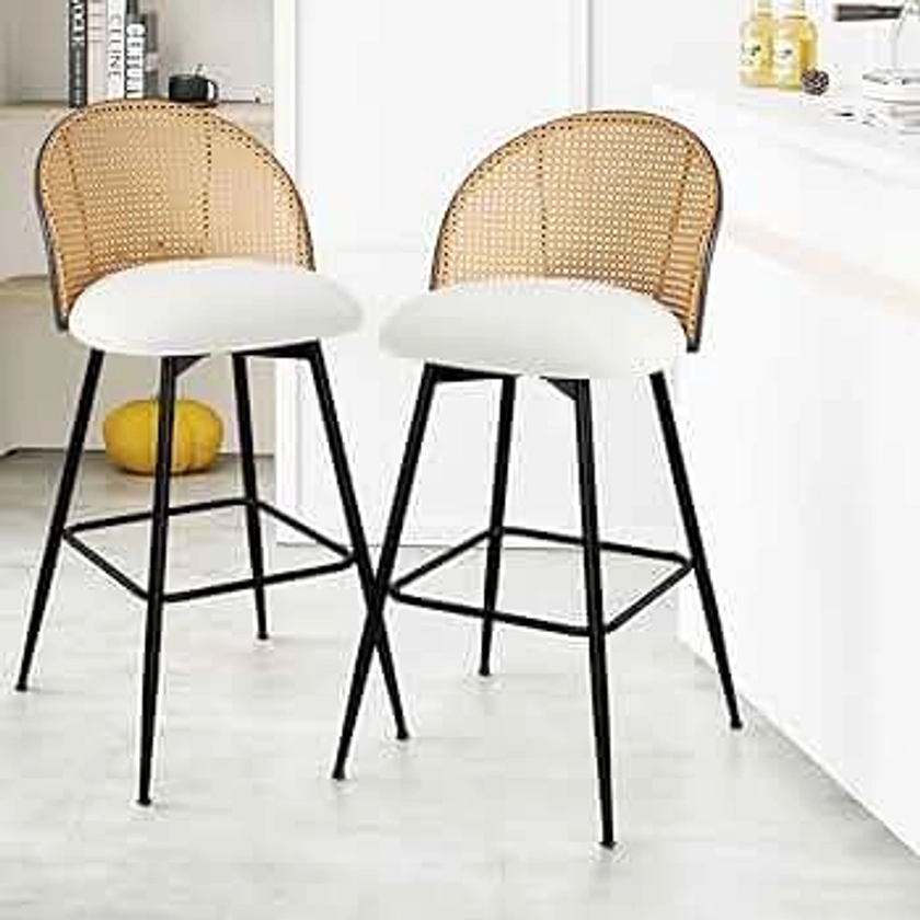 Counter Height Bar Stools Set of 2, 360° Swivel Upholstered Barstools with Rattan Full Back & Metal Legs, PU Leather 26" Mid Century Modern Counter Stool Kitchen Island Bar Chairs, Off-White