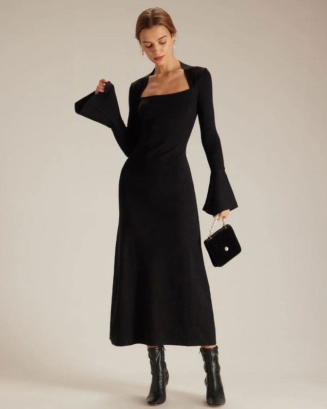 The Black Square Neck Flare Sleeve Midi Dress & Reviews - Black - Dresses | RIHOAS