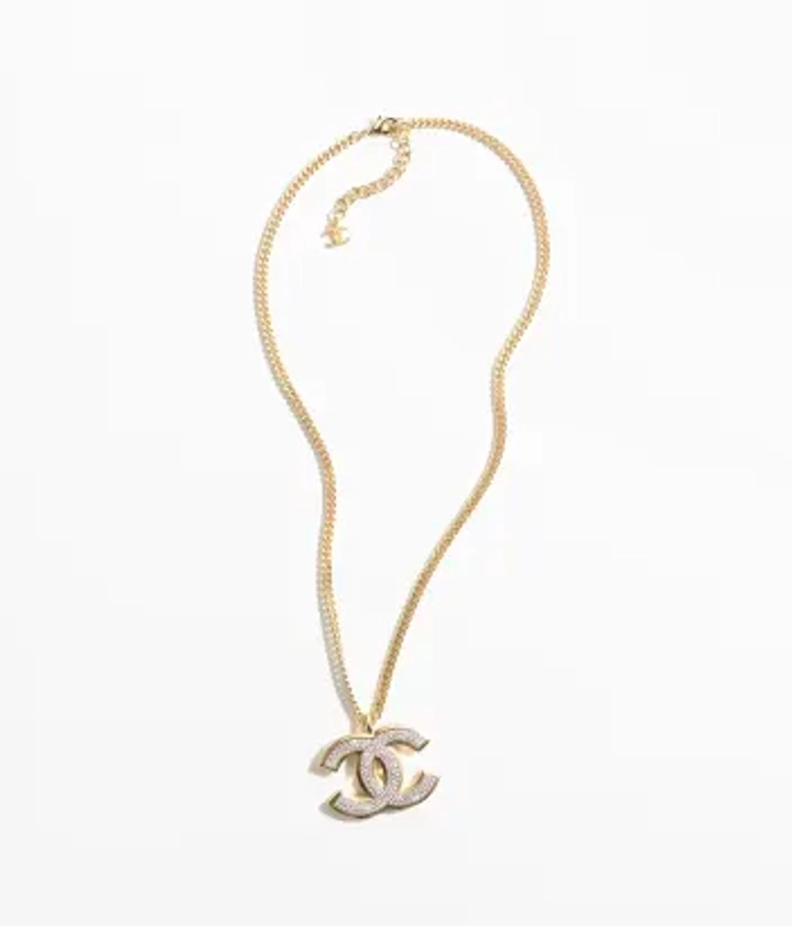 Lang halskæde med vedhæng - Metal & rhinsten, guld, sølv & krystal — Mode | CHANEL