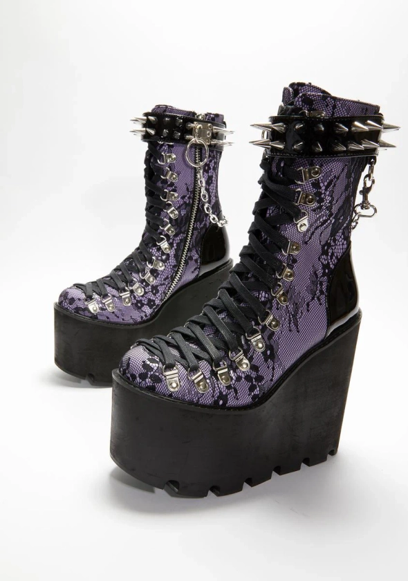 Widow Lace Traitor Platform Boots Gothic - Black Purple