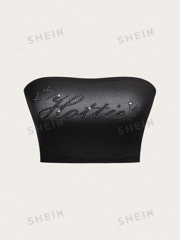 SHEIN EZwear Women's Rhinestone Embellished Letter Printed Tube Top