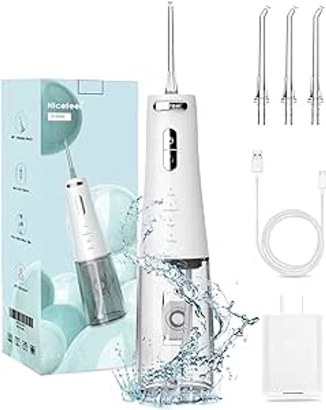 Nicefeel Water Flosser, Cordless Portable Dental Cleaner with 300ml Water Tank, 4 Adjustable Modes & 4 Jet Tips, Type-C Rechargeable Waterproof IPX7 Oral Irrigator for Home & Travel, White