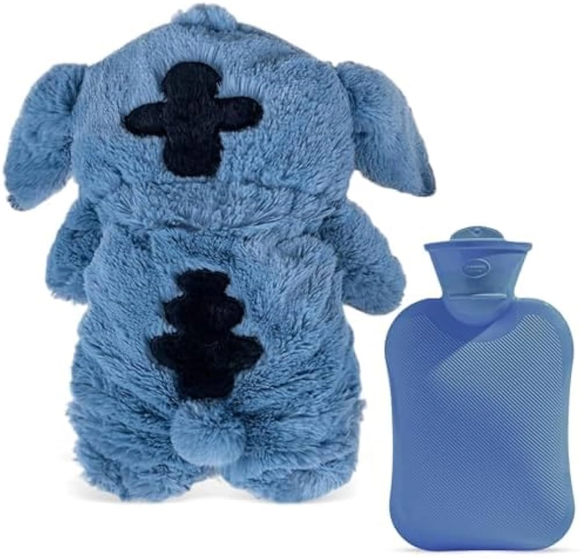 Bouillotte Sti-tch, Bouillotte Peluche, Bouteille d'eau chaude, Bouillotte bebe, Bouillotte eau Chaude Bouillote avec Housse Polaire, Bouillotte Câline pour Enfant, Famille et Ami (Bleu)