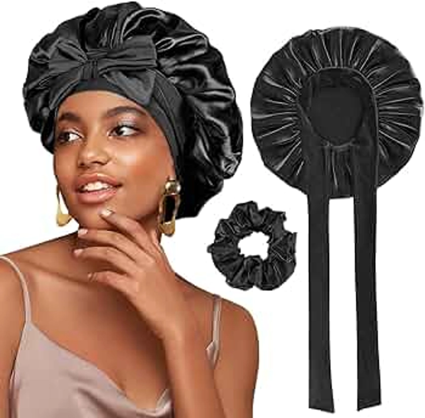 1Pcs Bonnet Satin Nuit Bonnet en Soie pour Femmes Taille de tête Ajustable pour Cheveux naturels bouclés