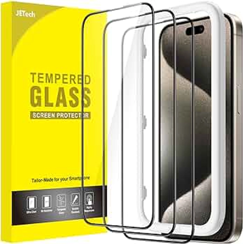 JETech Protector de Pantalla Cobertura Completo para iPhone 15 Pro Max 6,7 Pulgadas, Borde Negro Mica de Cristal Vidrio Templado, con Herramienta de Instalación, HD Transparente, 3 Unidades
