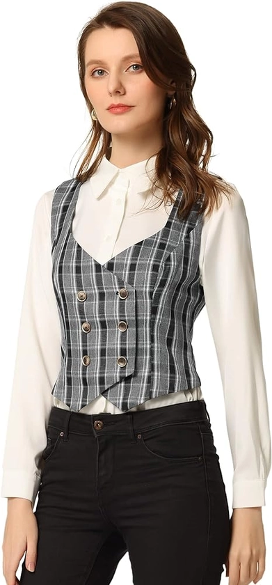 Allegra K Women's Steampunk Vest Suit Racerback Vintage Plaid Waistcoat