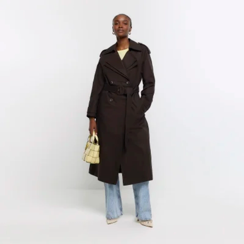 Brown double collar belted trench coat