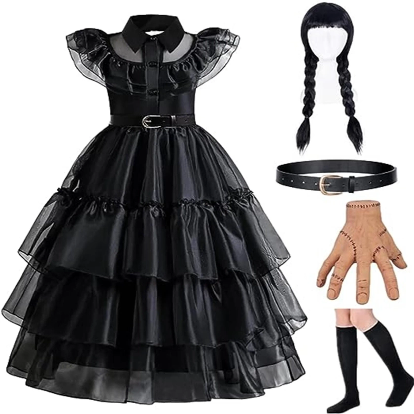 Black Wednesday Addams Dress for Girl, Halloween Costumes Cosplay Party Costume, Halloween Decoration for Kids 4-12 Years Clothing with (Dress + Belt + Wig + Socks + Silicone Hand)