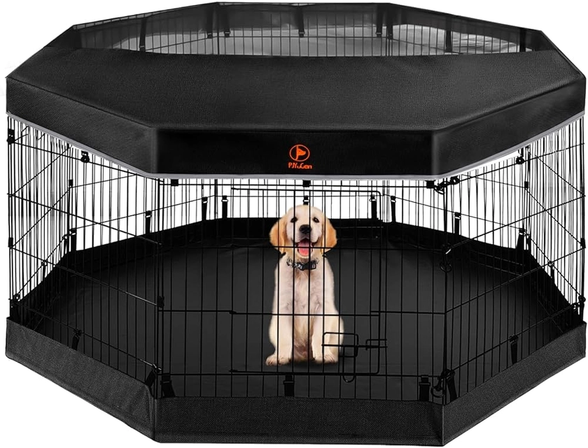 PJYuCien Dog Playpen - Metal Foldable Dog Exercise Pen, Pet Fence Puppy Crate Kennel Indoor Outdoor with 8 Panels 24”H & Top Cover and Bottom Pad for Small Medium Pets