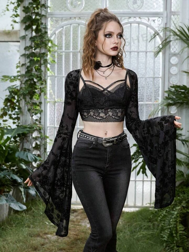 ROMWE Goth con estampado floral de manga amplia de malla sin top de tirantes