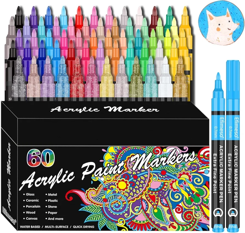 RESTLY Acrylic Paint Pens, 60 Colors Acrylic Paint Marker, 0.7mm Extra Fine Paint Pens for Canvas, Rock Painting, Wood, Glass, Metal, Ceramic, stone