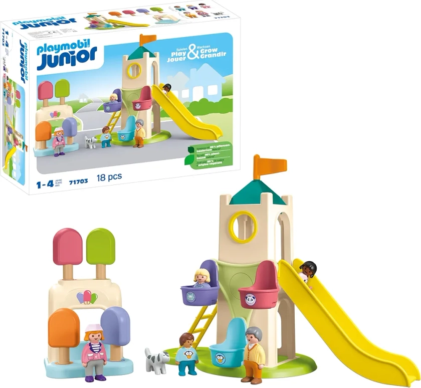 Playmobil 71703 Junior : Aire de Jeux avec Toboggan géant - Comprenant Un Stand de Glace, Un Toboggan et Une Grande Roue - Jouet fabriqué à partir de matière d'origine végétale - Dès 12 Mois