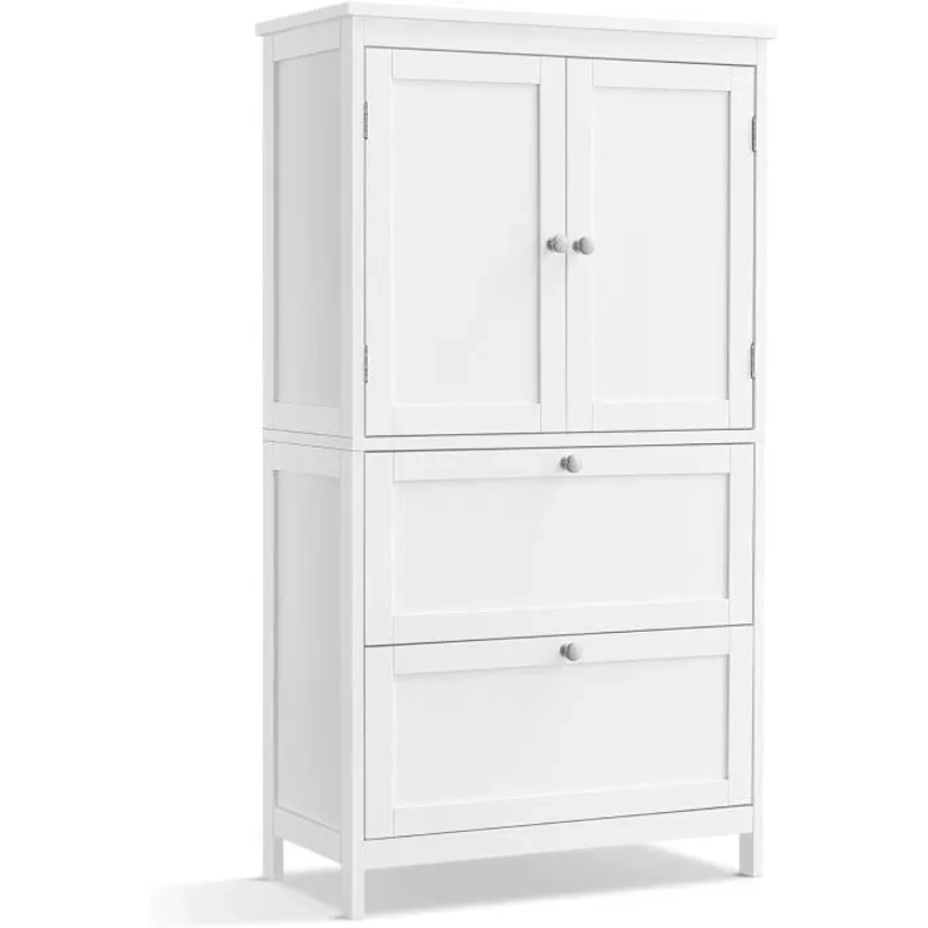 Armoire de Salle de Bain avec 2 Tiroirs et 2 Portes, Étagères Réglables, 60 x 30 x 110 cm, Meuble de Rangement, Blanc