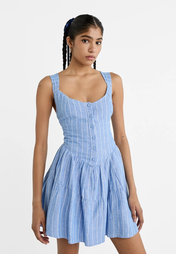 Short striped linen blend corset-effect dress - Women's Dresses | Stradivarius United Kingdom