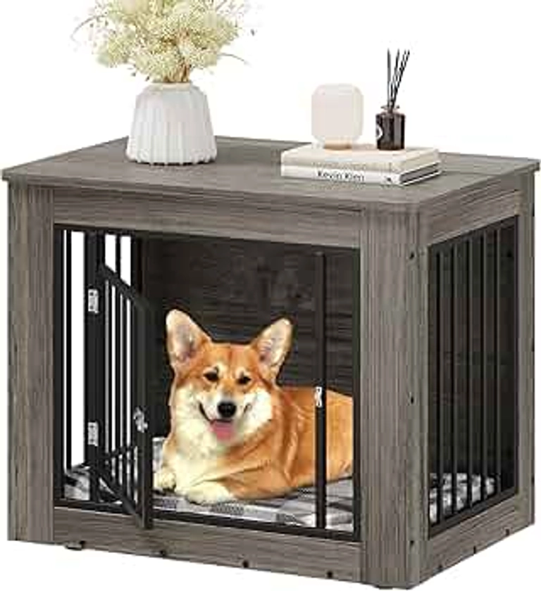 YITAHOME Dog Crate Furniture for Medium Dogs, Side End Table, Modern Dogs Kennel Indoor up to 35 lb, 2-in-1 Iron-Wood Fusion Dog Cage with Waterproof Top, Safety Corners,Steel Lock,30" L,Greige