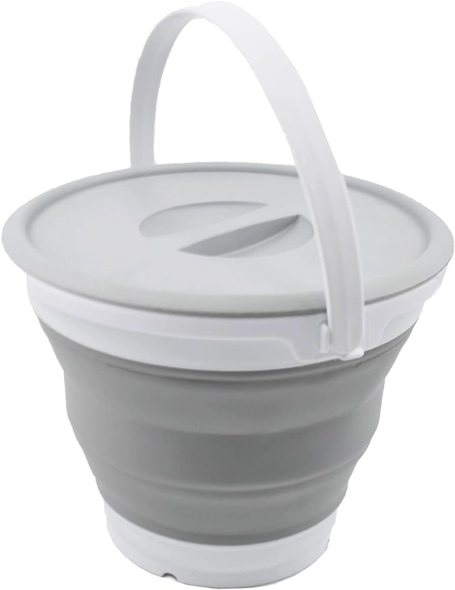 SAMMART 5.5L Collapsible Plastic Bucket with Lid - Foldable Round Tub with Lid - Portable Fishing Water Pail - Space Saving Outdoor Waterpot. (White/Grey, 1)