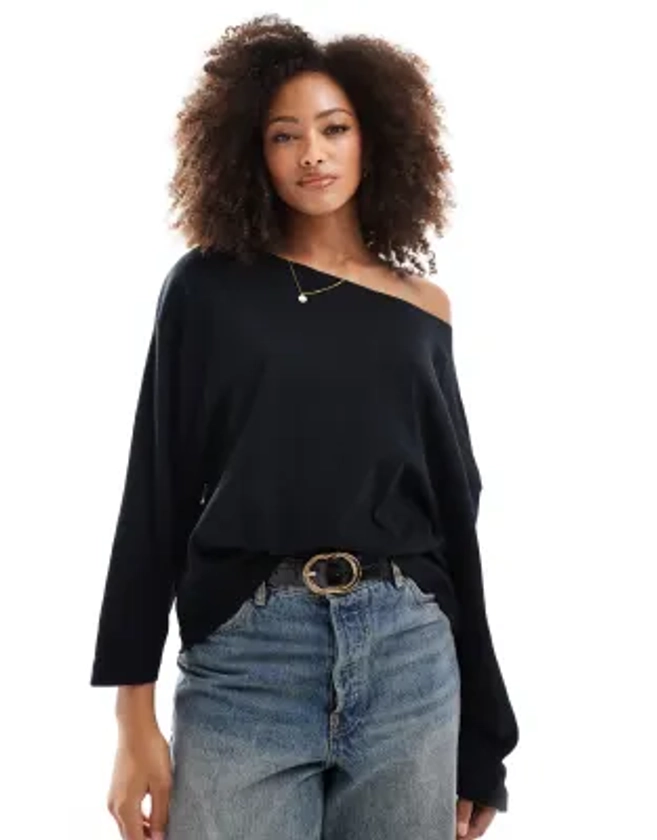 ASOS DESIGN relaxed slubby off shoulder top in black | ASOS