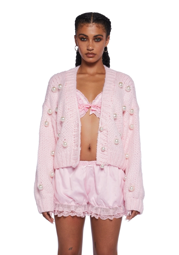 Sugar Thrillz Chunky Knit Cardigan With Pearl Detailing Regency Core - Pink