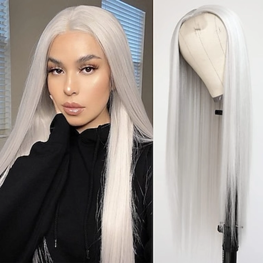 Platinum White Wig Long Straight Hair Platinum Blonde Wig Heat Resistant Fiber Hair Synthetic Laceless Wig for Fashionable Women Christmas Party Wigs 2024 - AU $56.49